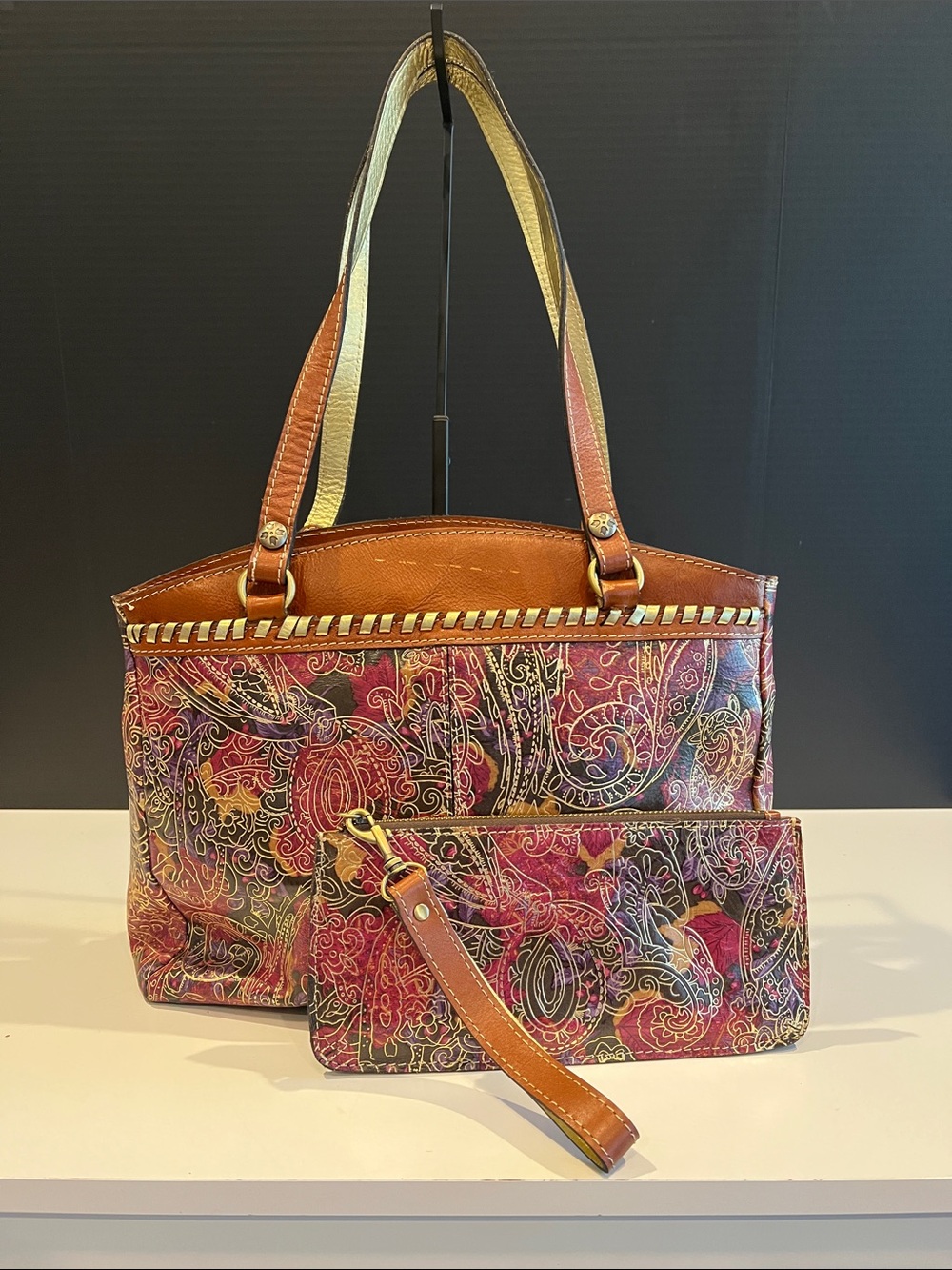 Patricia Nash Multicolor Paisley Tote with Wristlet and Tan Trim